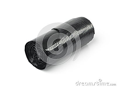 Garbage Bag Roll Isolated. Trash Package, New Rolled Plastic Bin Bags, Black Polyethylene Waste Container Stock Photo