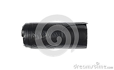 Garbage Bag Roll Isolated. Trash Package, New Rolled Plastic Bin Bags, Black Polyethylene Waste Container Stock Photo