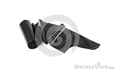 Garbage Bag Roll Isolated. Trash Package, New Rolled Plastic Bin Bags, Black Polyethylene Waste Container Stock Photo