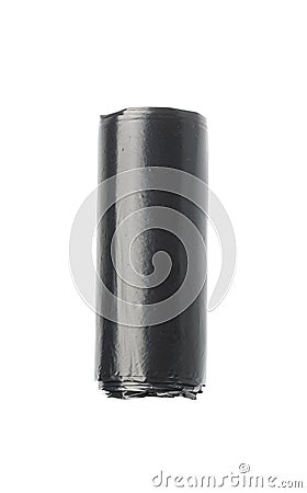 Garbage Bag Roll Isolated. Trash Package, New Rolled Plastic Bin Bags, Black Polyethylene Waste Container Stock Photo