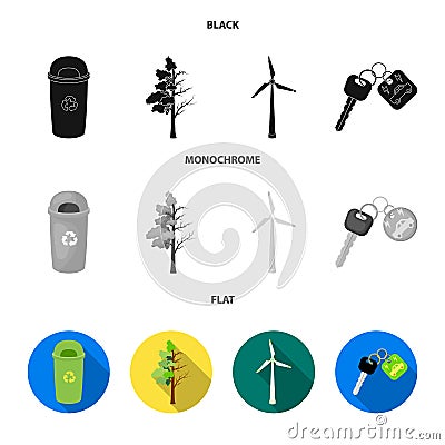 A garbage can, a diseased tree, a wind turbine, a key to a bio car.Bio and ecology set collection icons in black, flat Vector Illustration