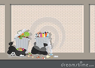 Garbage can full of overflowing trash on brick background. Vector Illustration