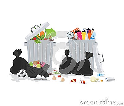Garbage can full of overflowing trash. Vector Illustration