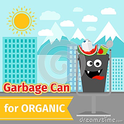 Organic trash can with monster face Vector Illustration