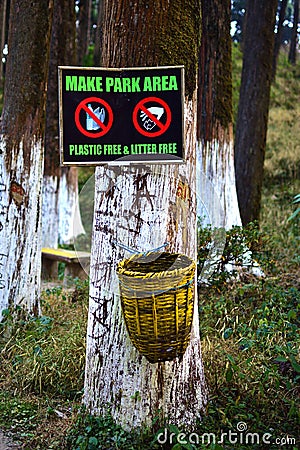 Garbage cans in a forested area. Recycling bin in park for protect environment. Pollution free environment Thames Stock Photo