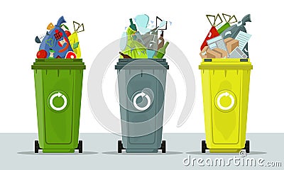 Garbage cans isolated on white background. Ecology and recycle concept. Sorting garbage. Tank with debris and trash bags Vector Illustration