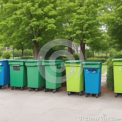 Garbage cans for separate sorting of garbage against the background of green trees Stock Photo