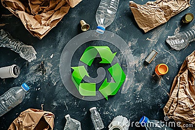 Garbage circle. Different types of garbage around the recycling symbol Stock Photo