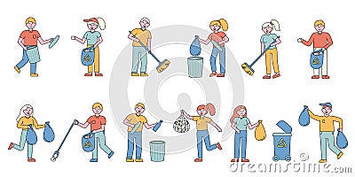Garbage collecting flat line people character Vector Illustration