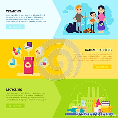 Garbage Collecting Horizontal Banners Vector Illustration