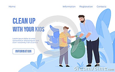Garbage collecting parents and children cleanup together landing page vector flat illustration Vector Illustration