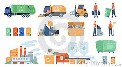 Garbage collecting service. Waste disposal, street dustbins, city dump, trash recycling and transportation, sorting Vector Illustration