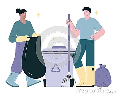 Garbage collecting and sorting. Citizens cleaning and throwing Vector Illustration