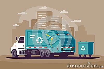 Garbage collection in the city in the garbage truck. Vector Illustration