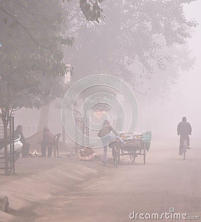 A garbage collector of India in a foggy weather on the road Editorial Stock Photo