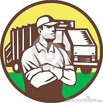 Garbage Collector Rubbish Truck Circle Retro Vector Illustration