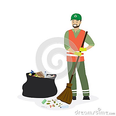 Garbage collector and trash bag with garbage. Cartoon Male worker character in uniform Vector Illustration