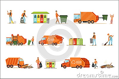 Garbage Collector At Work Set Of Illustrations With Smiling Recycling And Waste Collecting Worker Vector Illustration