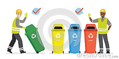 Garbage collectors team with empty trash cans after cleaning. Cartoon multiethnic male workers, isolated on white background Vector Illustration