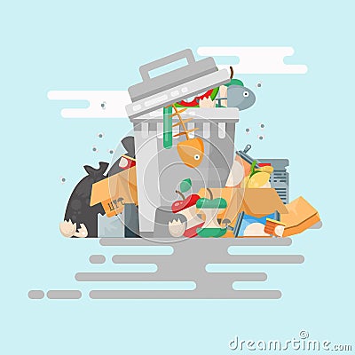 Garbage container vector illustration card in modern style. Trash can set with rubbish. Template Vector Illustration