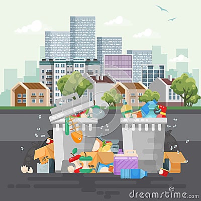 Garbage container vector illustration in modern design. Trash can set with rubbish. Vector Illustration