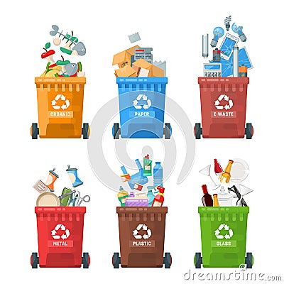 Garbage container vector illustration in modern style. Trash can set with rubbish. Template Vector Illustration
