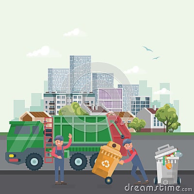 Garbage container vector illustration in modern style. Trash can set with rubbish. Truck with cleaner and scavenger Vector Illustration