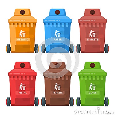 Garbage container vector illustration set in modern style. Trash can set with rubbish. Template Vector Illustration