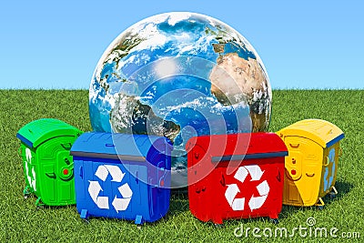 Garbage containers around Earth Globe in green grass against blu Stock Photo