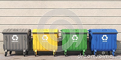 Garbage containers with separated garbage on a street. Trash bins for plastic, glass, paper and organic. Segregate waste and Cartoon Illustration