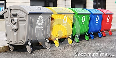 Garbage containers with separated garbage on a street. Trash bins for plastic, glass, paper and organic. Segregate waste and Cartoon Illustration