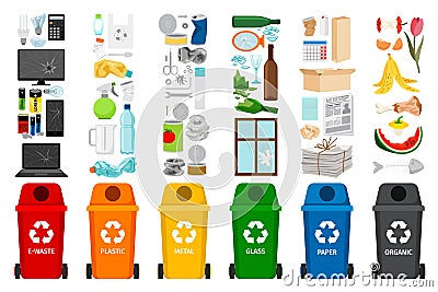 Garbage containers and types of trash Vector Illustration