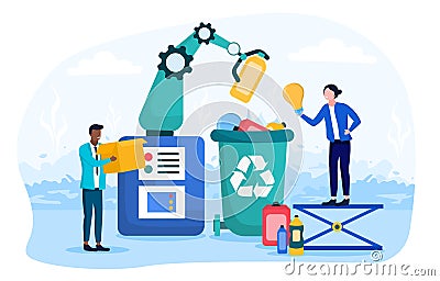Garbage disposal by robot in recycling bin Vector Illustration
