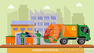 Garbage disposal recycling concept vector illustration. Waste truck removal dustcart, dumpsters and two scavengers Vector Illustration