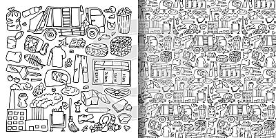 Garbage doodle objects set and seamless pattern Vector Illustration