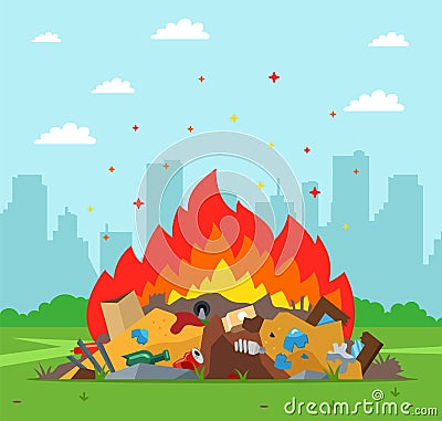 Garbage dump is burning on the background of the city. improper waste disposal. Vector Illustration