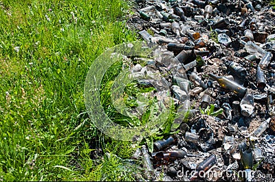 Garbage dump of burnt glass bottles on a green grass field. Clean and polluted nature. Concept Stock Photo