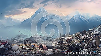 Garbage dump in the Himalayas at sunset, Nepal, Generative AI illustrations Cartoon Illustration