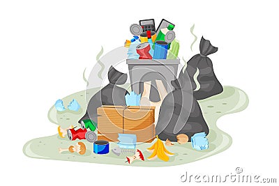 Garbage dump. Paper or plastic, metal and glass environmental waste. Unsorted rubbish. Stinking trash bags and dustbins Vector Illustration