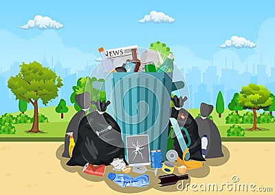 Garbage dump in park. Vector Illustration