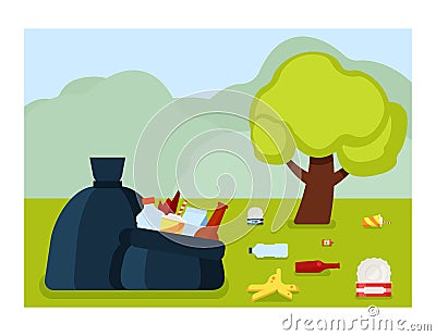 Garbage dump in park illustration. Environmental pollution with unsorted waste glass plastic metal food waste Vector Illustration