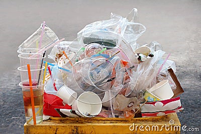 Garbage, Dump, Plastic waste, Pile of Garbage Plastic Waste Bottle and Bag Foam tray many on bin yellow, Plastic Waste Pollution Stock Photo