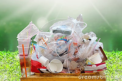 Garbage, dump, plastic waste, pile of garbage plastic waste bottle and bag foam tray many on bin yellow, plastic waste pollution Stock Photo