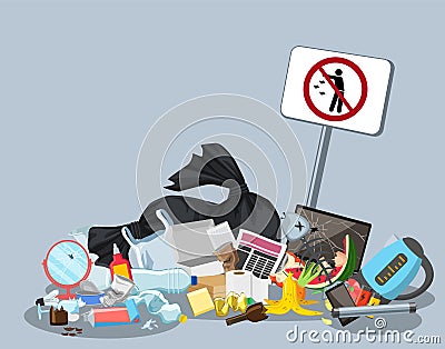 Garbage dump with rubbish bin for recycling. Different types of waste. Environmental conservation vector infographics Vector Illustration