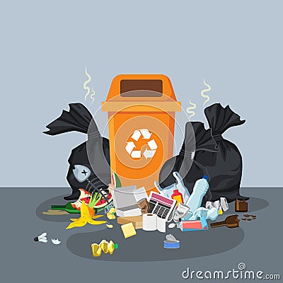 Garbage dump with rubbish bin for recycling. Different types of waste. Environmental conservation vector infographics Vector Illustration