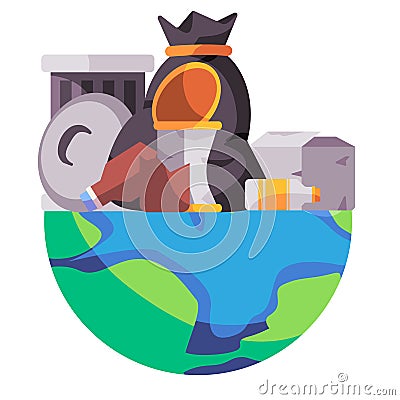 garbage dumping littering environment garbage dirty earth icon illustration of globe and pile of rubbish bin Vector Illustration