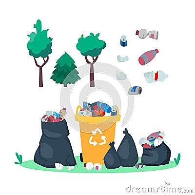 Garbage in the dumpster. Trash can and bags. Rubbish in the forest. Plastic bottles and junks. Dump and trees Vector Illustration