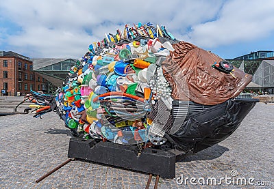 Garbage fish sculpture made of trash at Kings Quay work by Hideaki Shibata aka Yodo-Tech, 2014 - Helsingor, Denmark Editorial Stock Photo