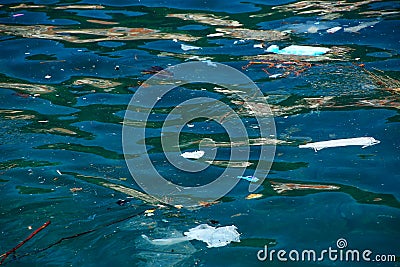 Garbage floating in a sea Stock Photo