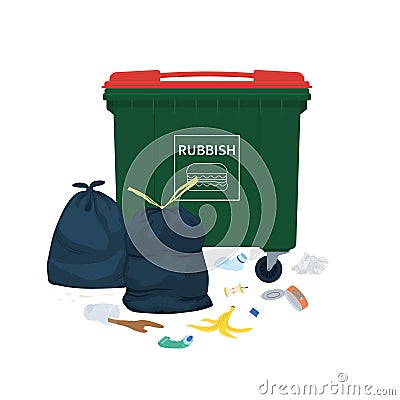 Garbage left lying around waste container. Vector Illustration